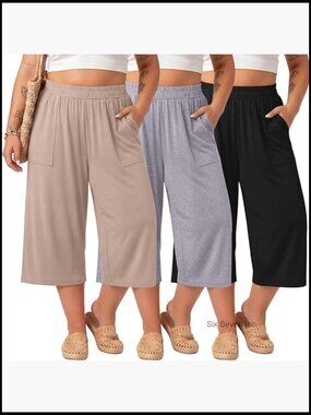 3 Pack Plus Size Capris Cotton Wide Leg Cropped Pants Elastic Waist Loose Fit